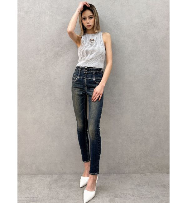 GYDA「ハイウエストフロントZIPベルトデザインスキニーデニムパンツ」|デニム|