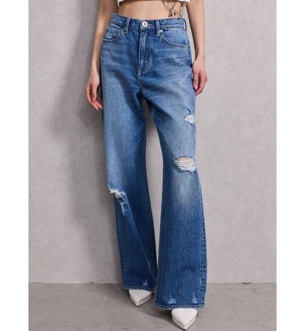 GYDA「ハイウエストPATCHダメージストレートワイドデニムパンツ」|デニム|ブルー