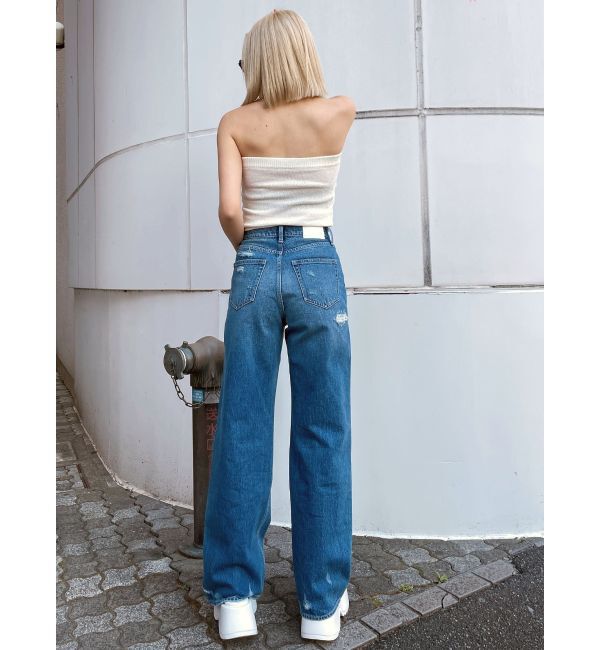 GYDA「ハイウエストPATCHダメージストレートワイドデニムパンツ」|デニム|