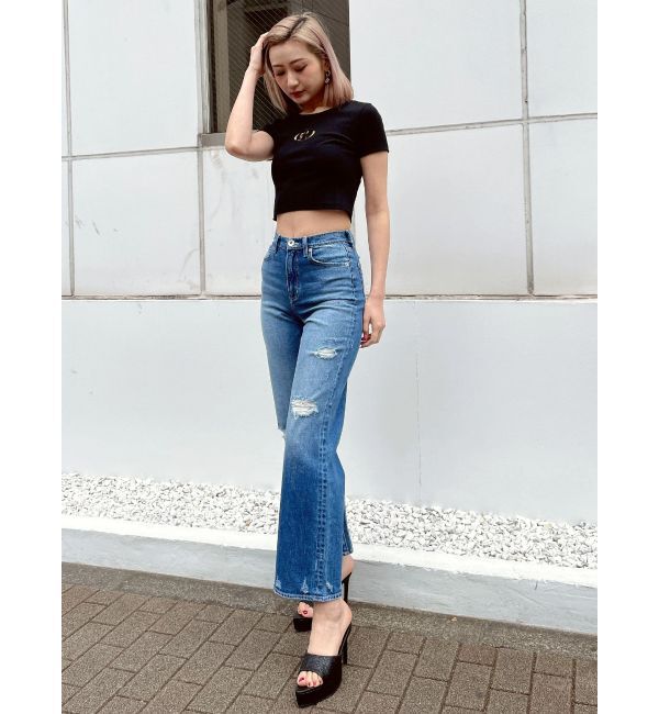 GYDA「ハイウエストPATCHダメージストレートワイドデニムパンツ」|デニム|