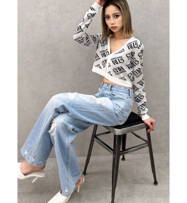 GYDA「ハイウエストPATCHダメージストレートワイドデニムパンツ」|デニム|