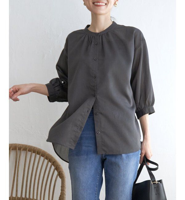 ikka「シアストライプバンドカラーシャツ」|シャツ・ブラウス|チャコール