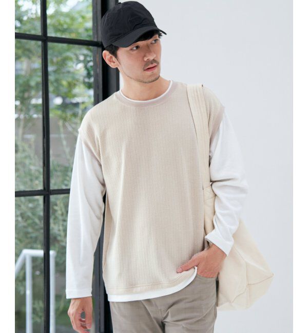 ikka「ビッグワッフルフェイクベストロンT」|Tシャツ・カットソー|ベージュ