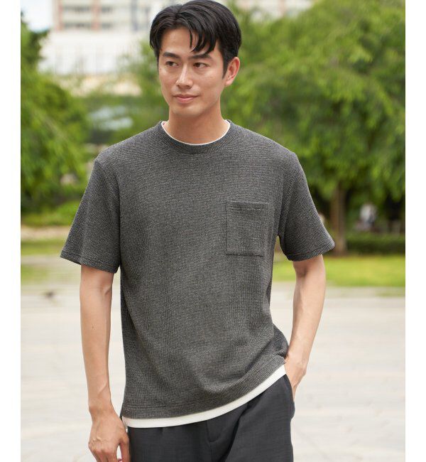 ikka「【雑誌MonoMax5月号掲載】メランジワッフルポケ付きフェイクTシャツ」|Tシャツ・カットソー|ブラック