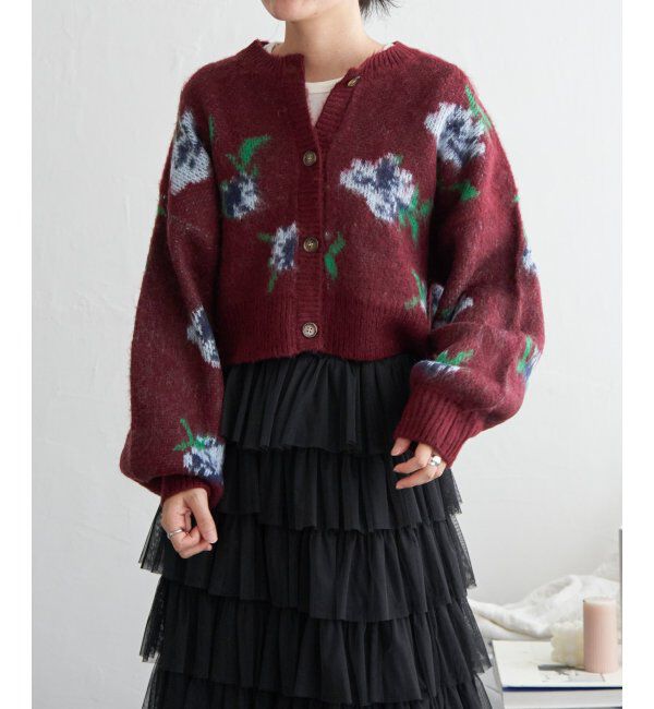 VENCE share style「レトロ花柄ジャガードカーディガン」|カーディガン|ボルドー