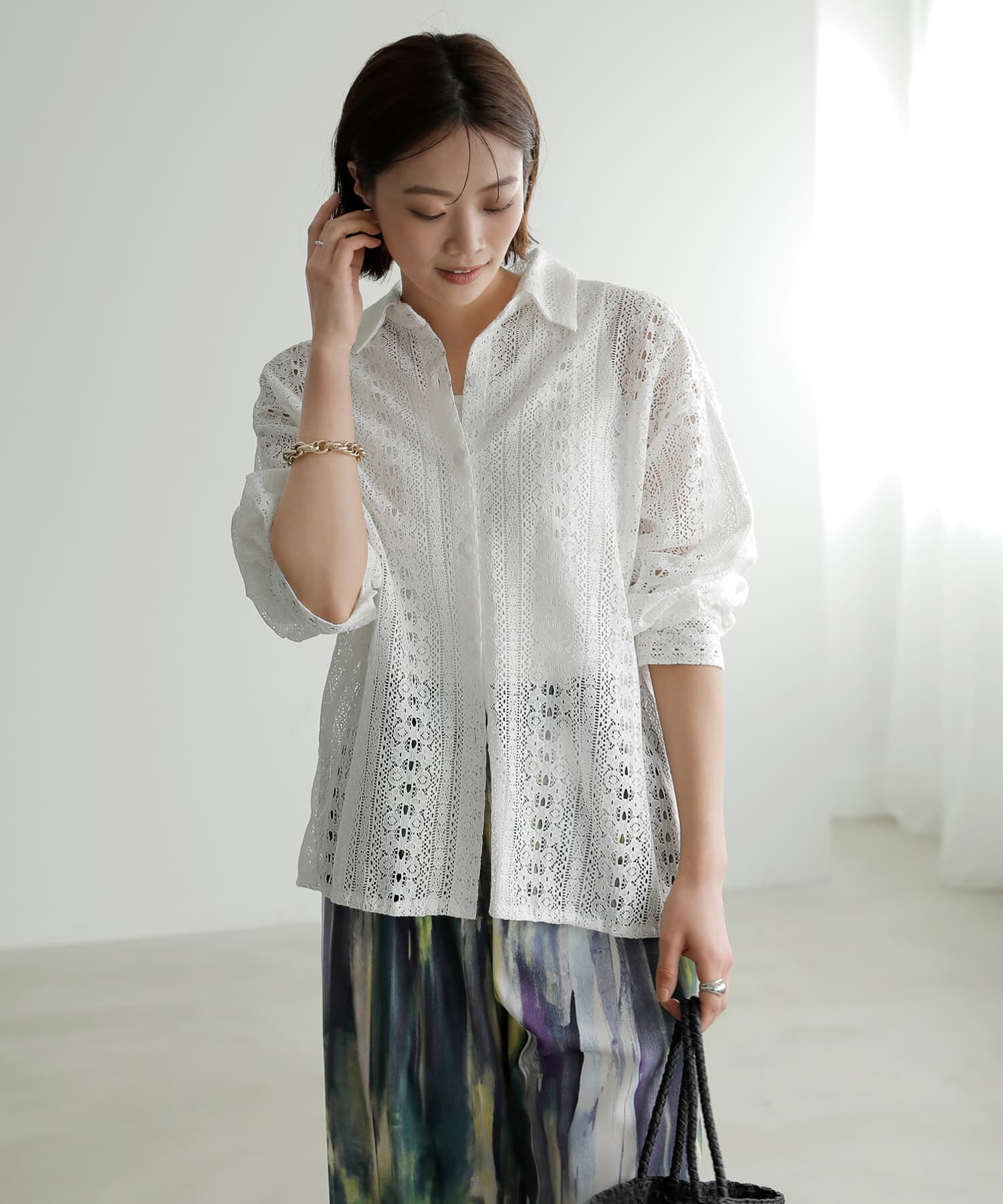 STYLE DELI「甘くならない縦模様コットンレースシャツ」|シャツ・ブラウス|ホワイト