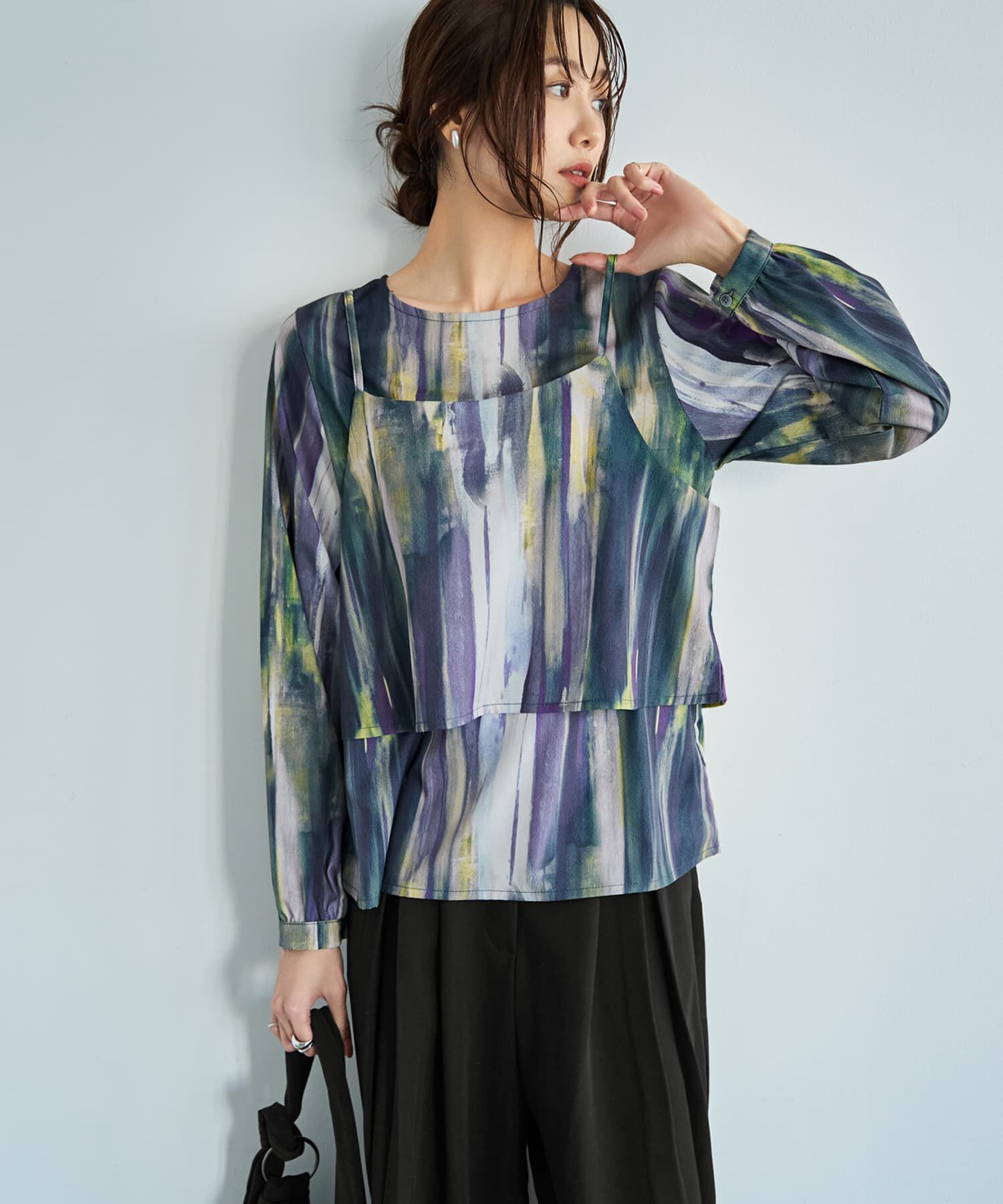 STYLE DELI「重ね着キャミセット水彩ストライプ柄ブラウス」|シャツ・ブラウス|パープルミックス