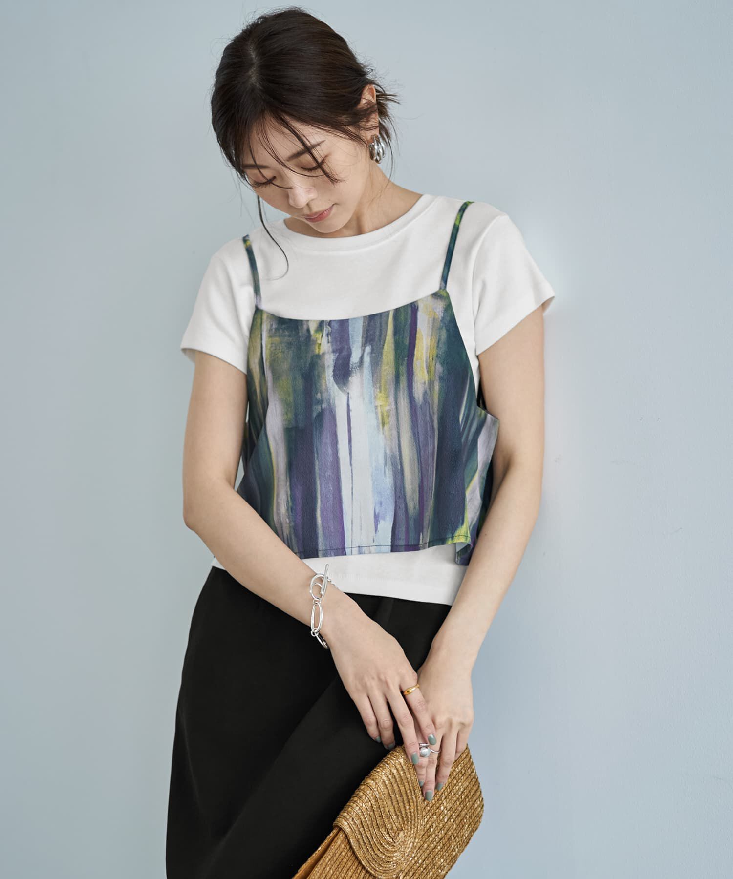 STYLE DELI「重ね着キャミセット水彩ストライプ柄ブラウス」|シャツ・ブラウス|