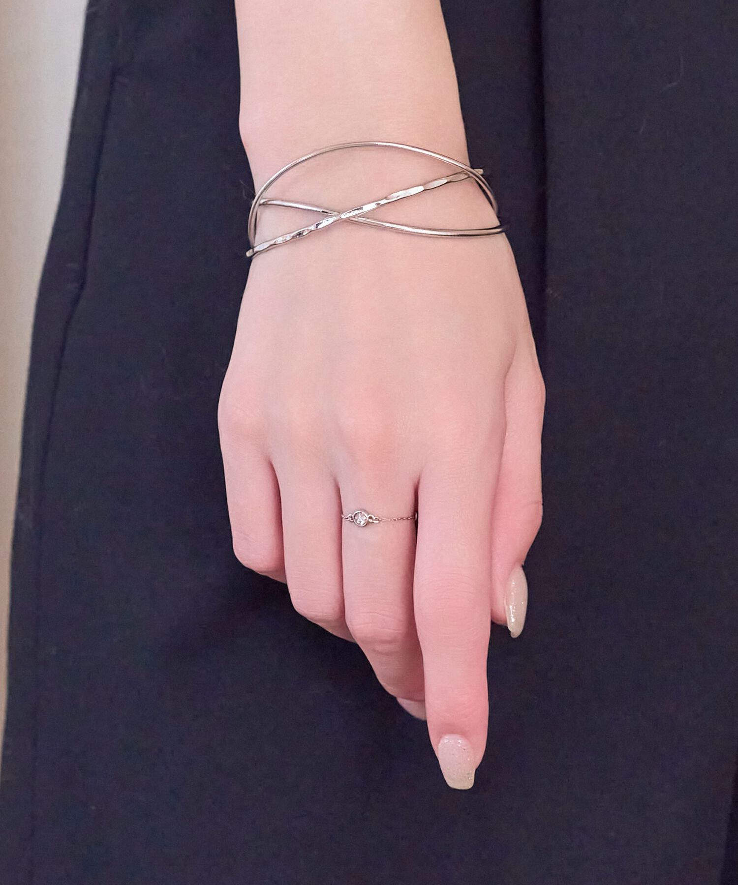 Phoebe「≪サイズ調整可能≫【金属アレルギー対応】プチベゼルストーンチェーンリング　シルバー」|リング|