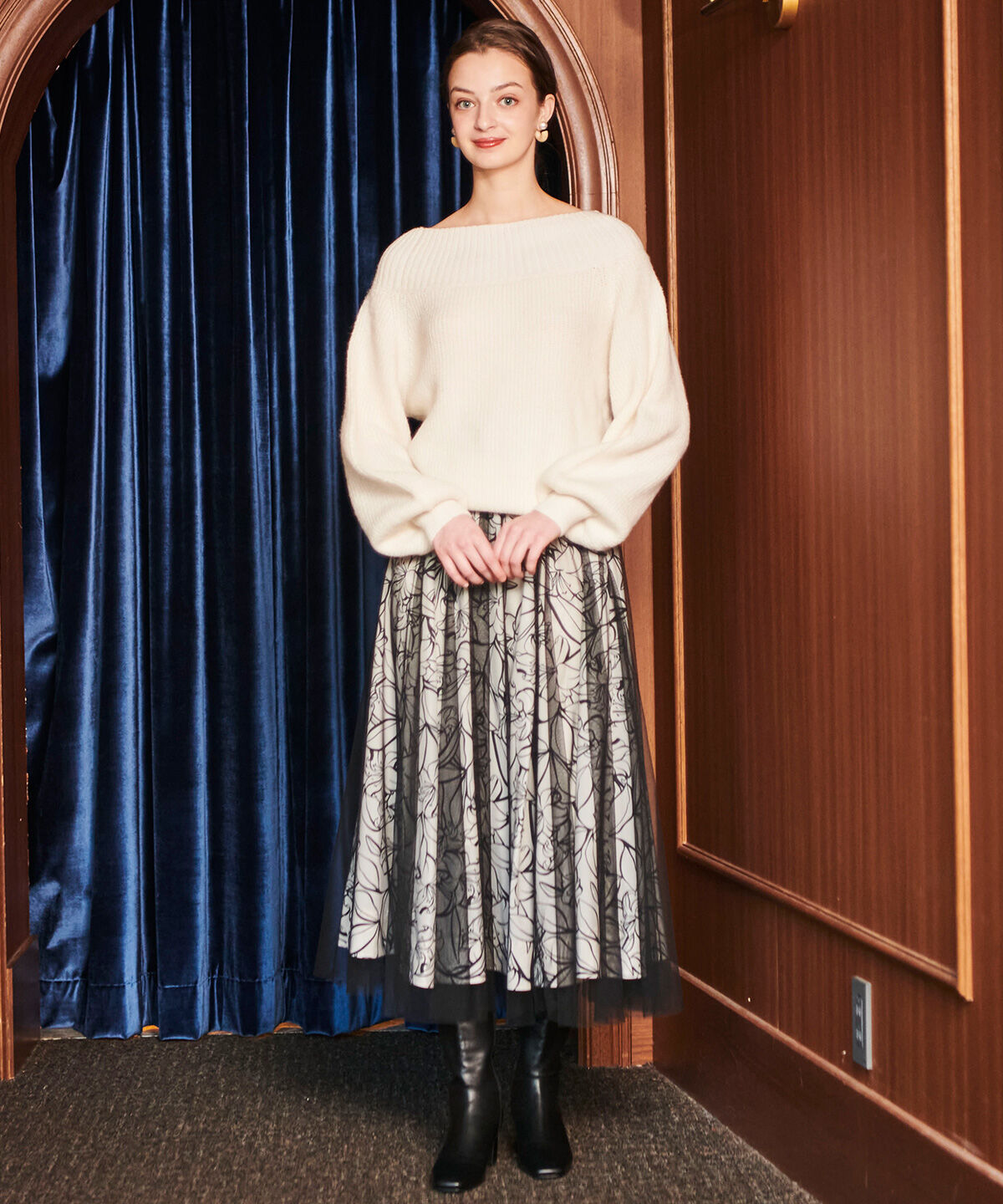 アンドクチュール「チュールレイヤー単色柄スカート」|フレア|