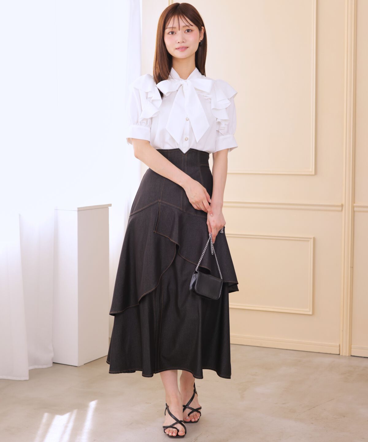 アンドクチュール「デニムライクレイヤードフリルスカート」|フレア|