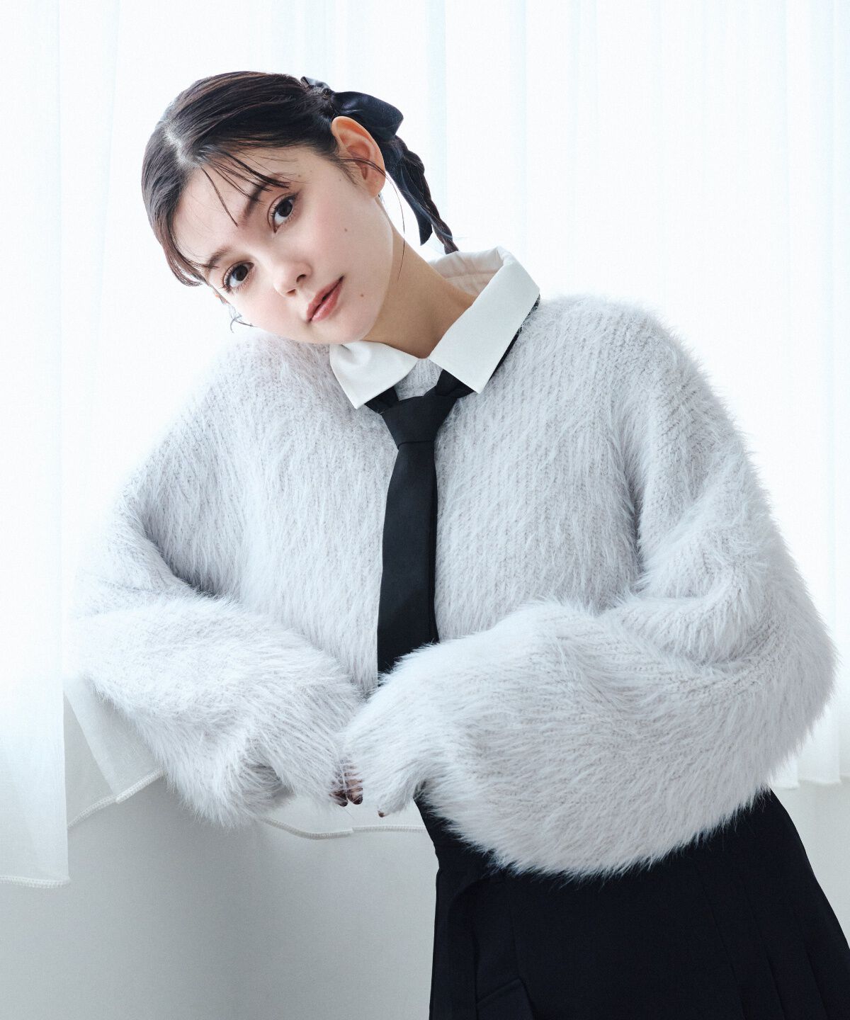 REDYAZEL「シャギーニット＆ネクタイシャツセット」|ニット・セーター|ライトグレー