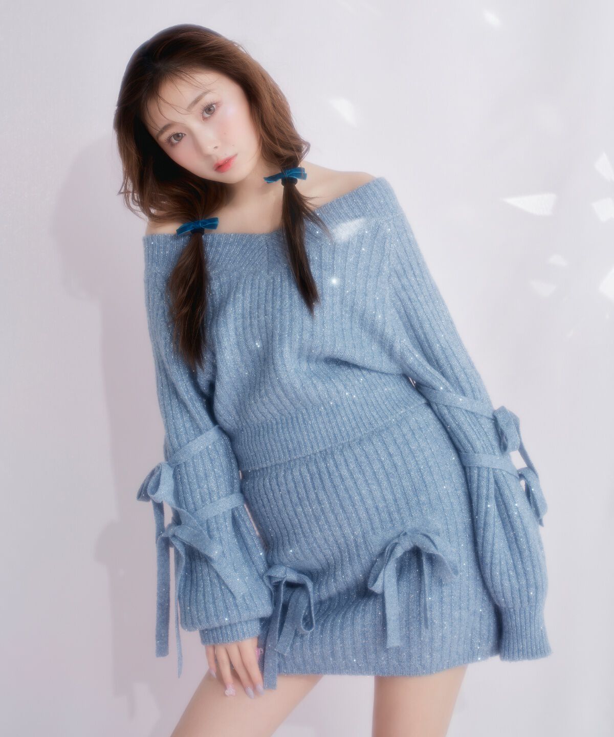 REDYAZEL「ラメスパンコールダブルリボンニット」|ニット・セーター|ブルー