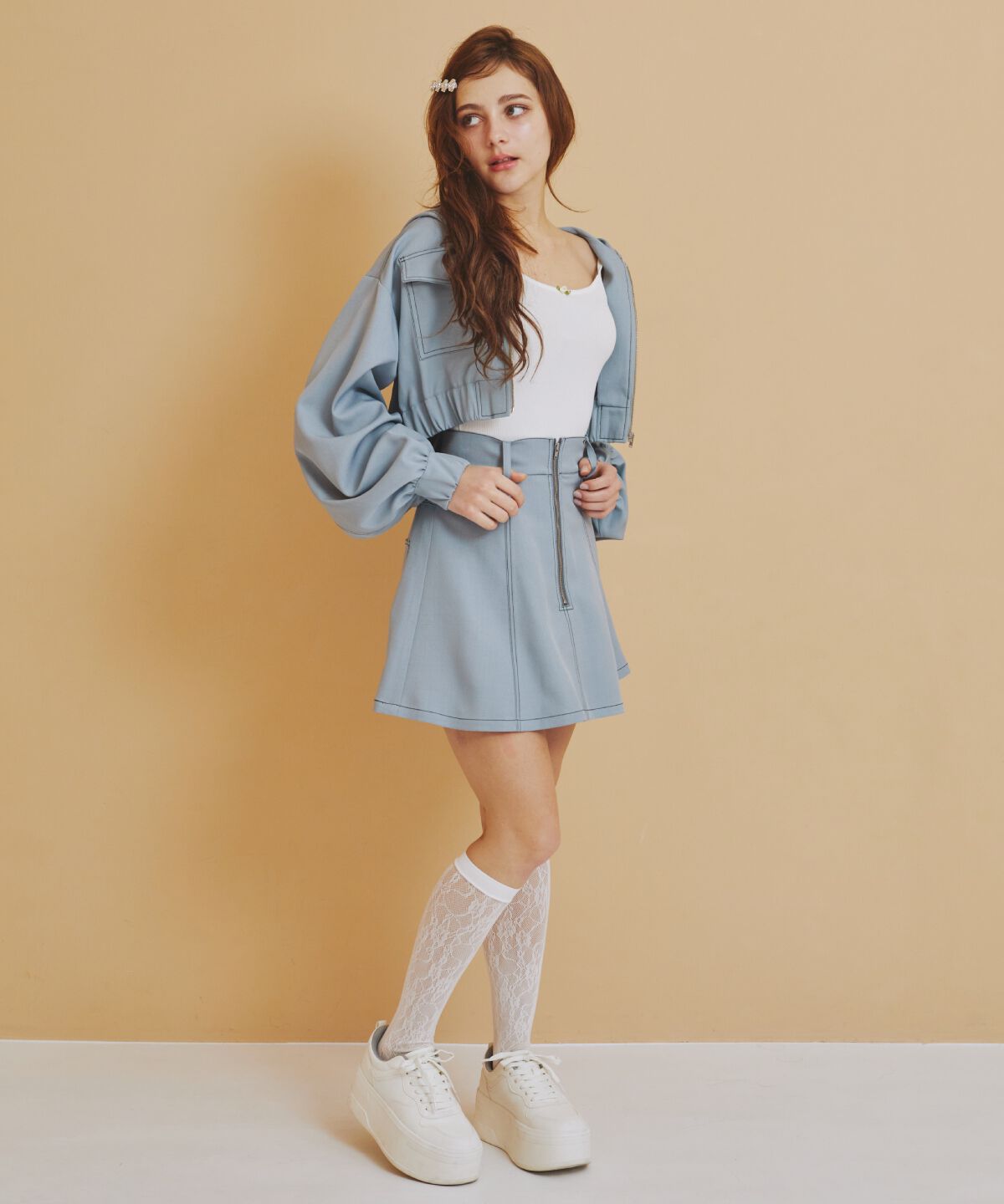 REDYAZEL「バイカラーステッチフレアミニスカート」|フレア|