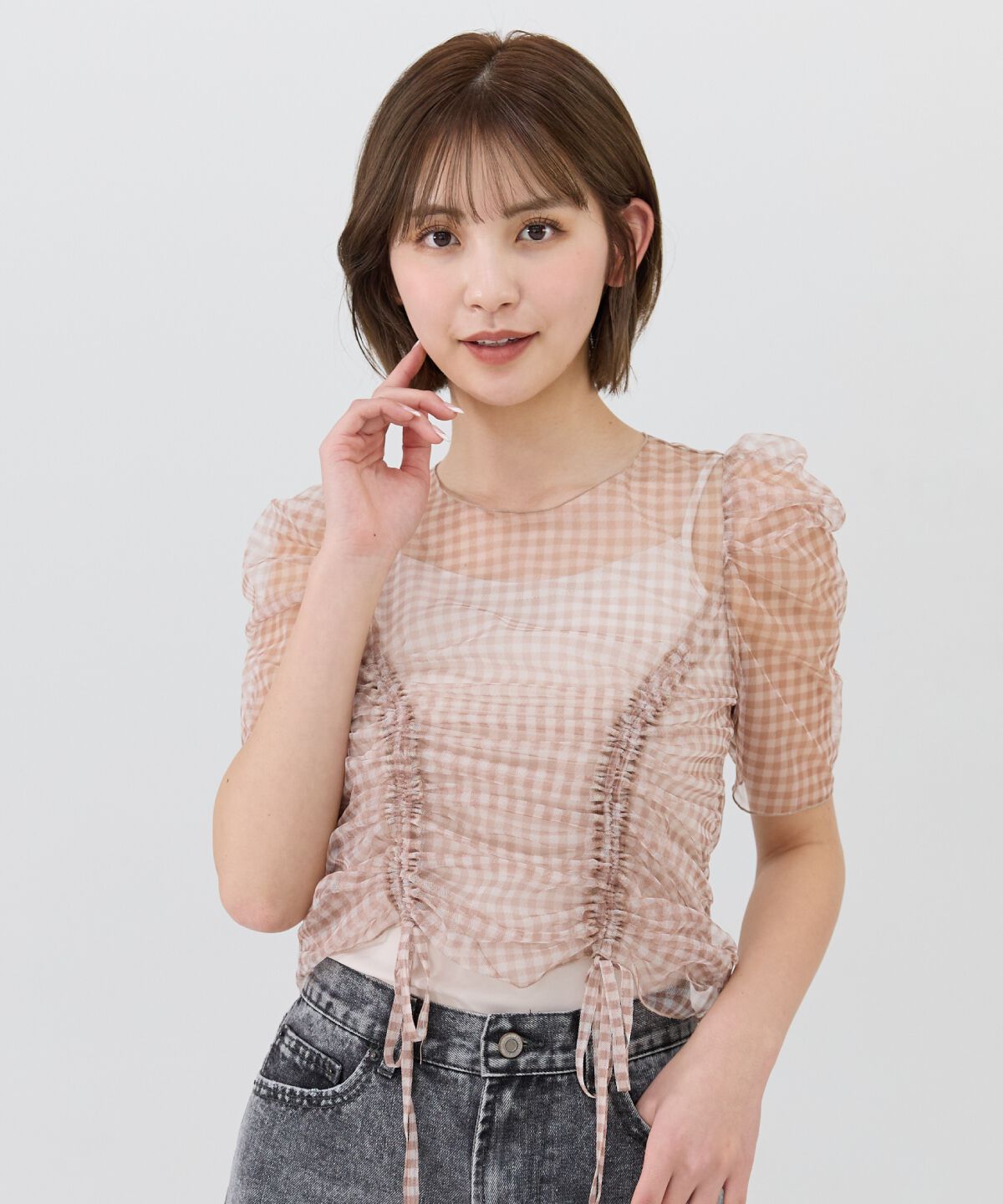 REDYAZEL「ギンガムチェックチュールトップス」|シャツ・ブラウス|beige/ﾁｪｯｸ