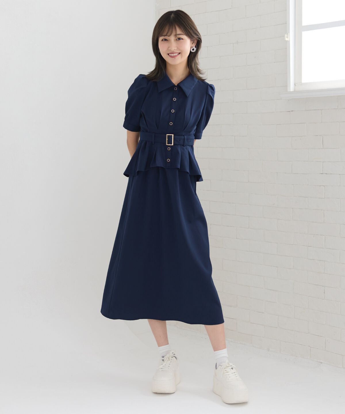 REDYAZEL「ペプラムシャツワンピース」|ワンピース|ネイビー