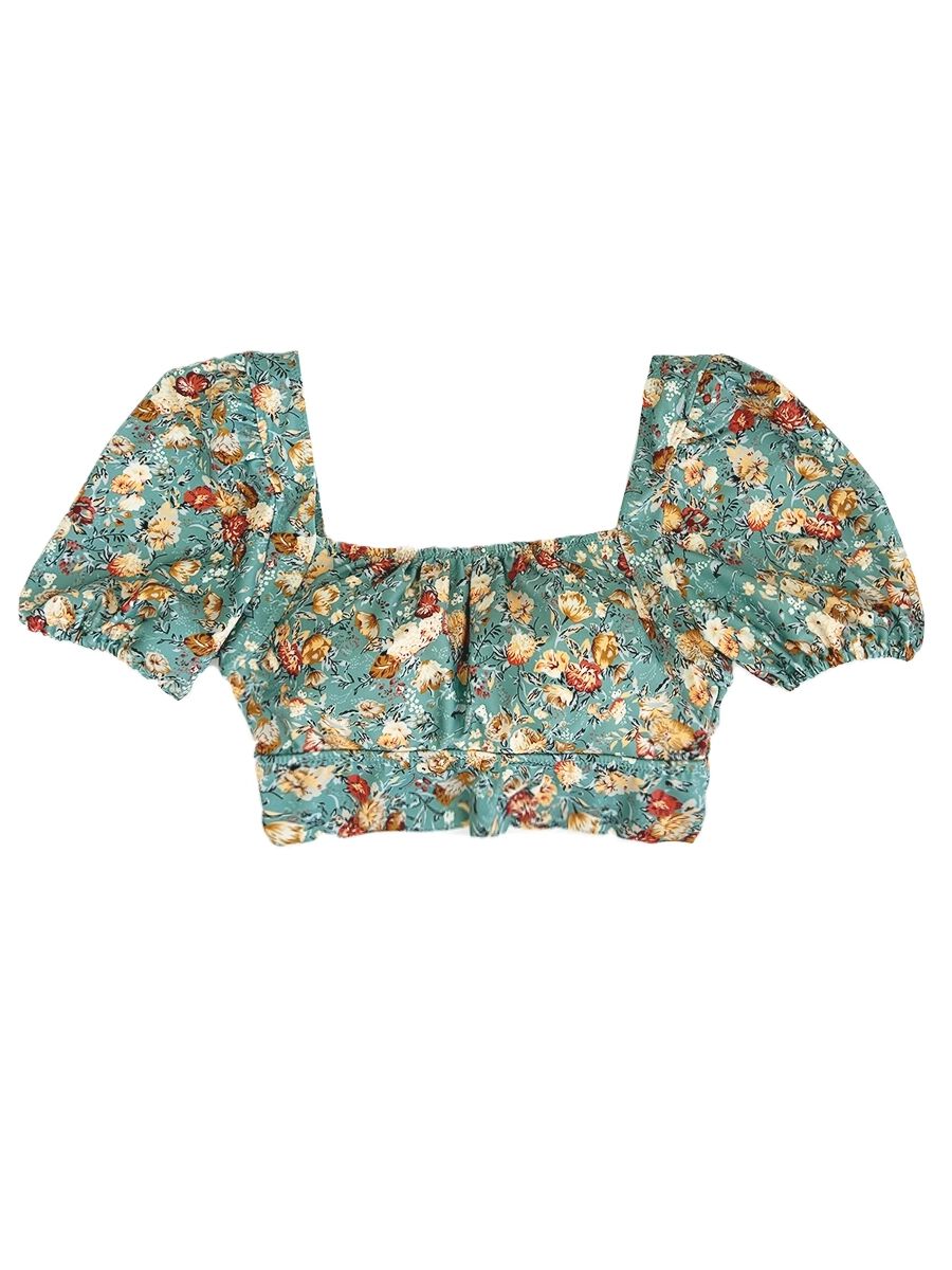 PEAK&PINE「レトロ小花柄バックリボンパフスリーブワンピ見えビキニ」|ビキニ|