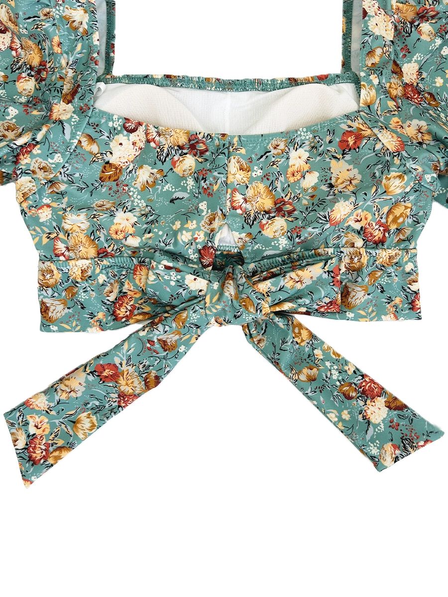 PEAK&PINE「レトロ小花柄バックリボンパフスリーブワンピ見えビキニ」|ビキニ|