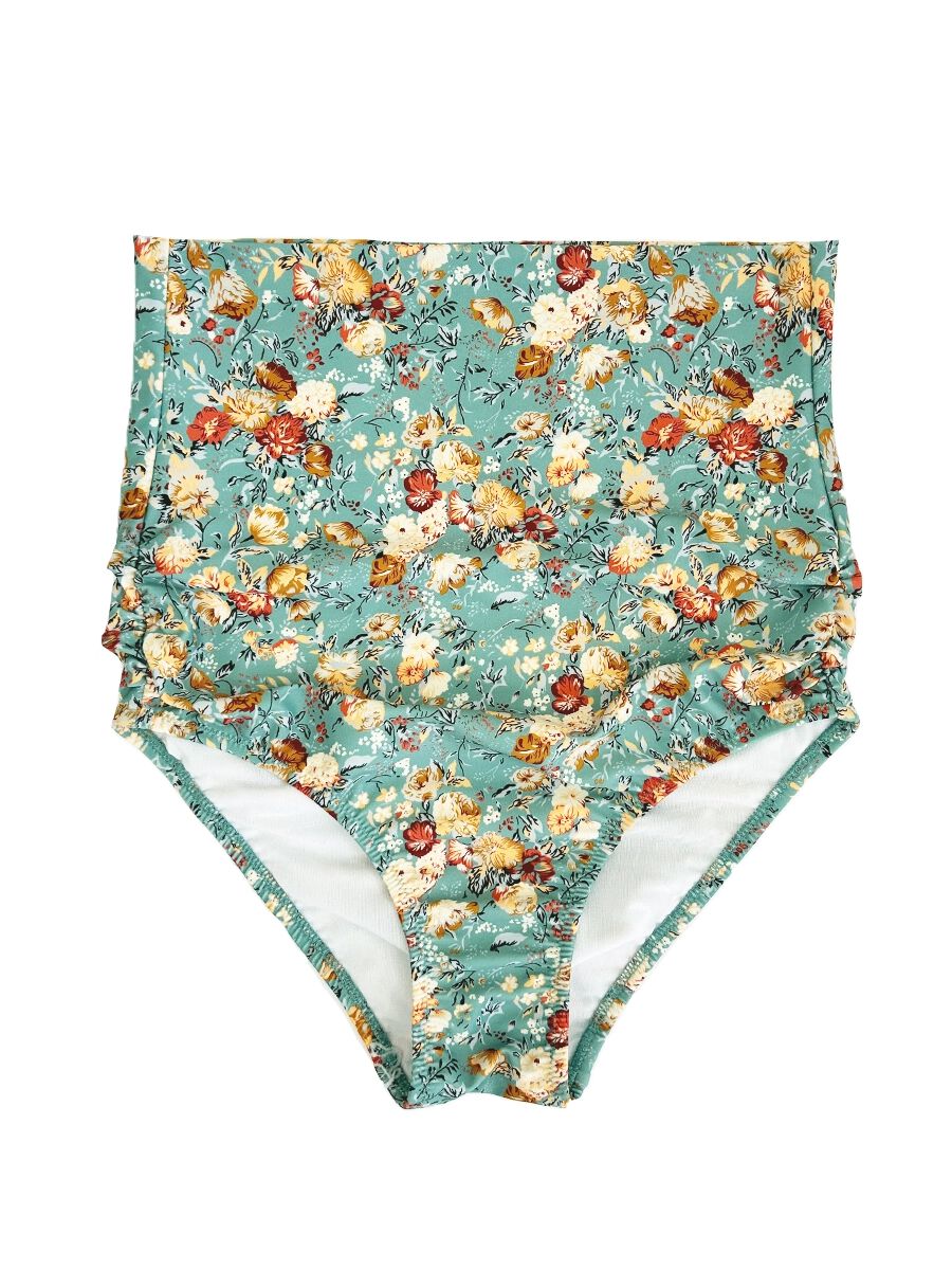 PEAK&PINE「レトロ小花柄バックリボンパフスリーブワンピ見えビキニ」|ビキニ|