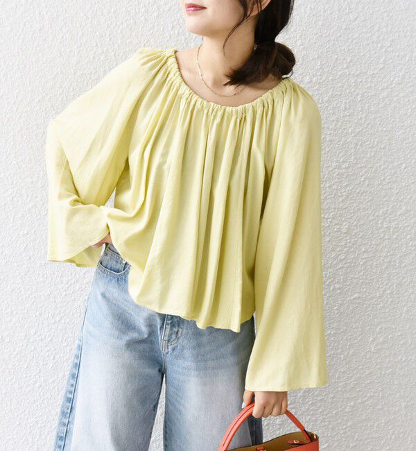 SHIPS any「SHIPS any:〈洗濯機可能〉リネン ミックス ギャザー リボン ブラウス」|シャツ・ブラウス|イエロー