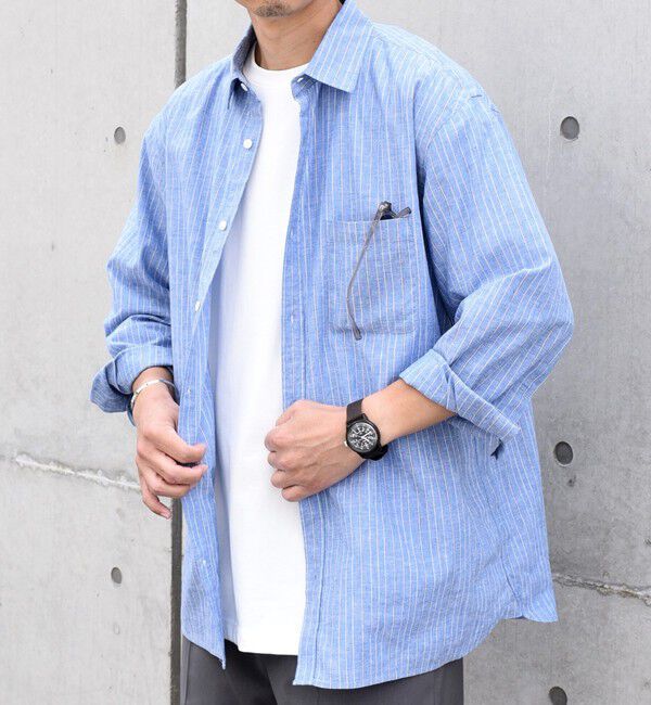 SHIPS any「SHIPS any: 〈洗濯機可能〉コットン / リネン ブルー ストライプ 7分袖 レギュラー シャツ◇」|シャツ・ブラウス|