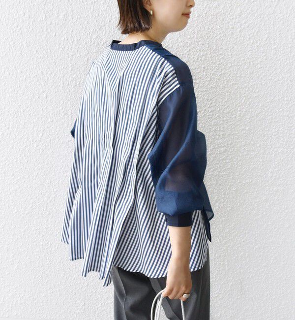 SHIPS for women「【WEB限定】〈手洗い可能〉異素材 ウエスト タック ブラウス」|シャツ・ブラウス|ネイビー