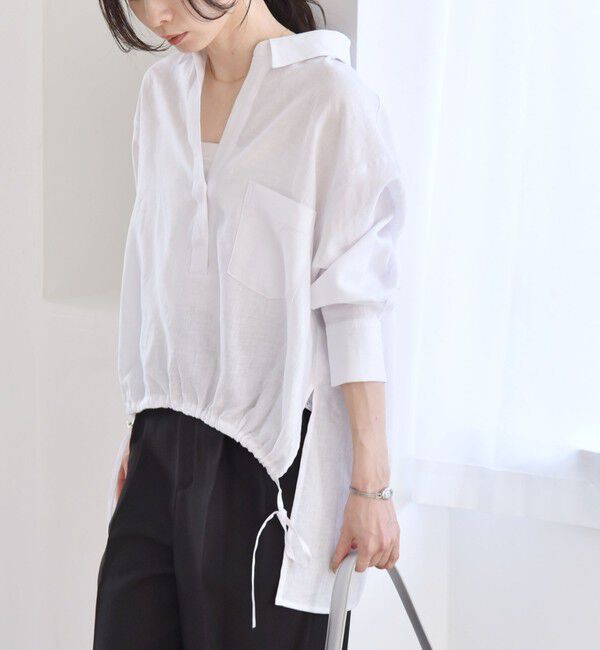 quaranciel「quaranciel:〈洗濯機可能〉リネン ミックス フロントギャザー スキッパー シャツ」|シャツ・ブラウス|