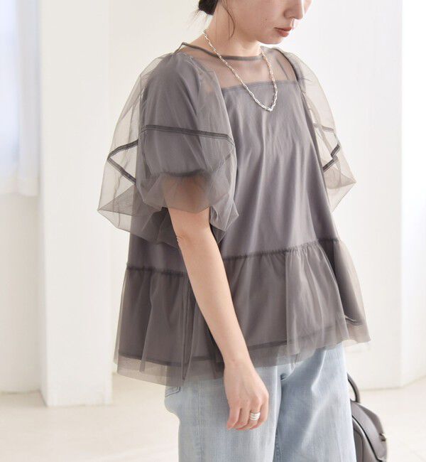 quaranciel「quaranciel:〈手洗い可能〉チュール パフスリーブ ドッキング プルオーバー」|Tシャツ・カットソー|チャコールグレー