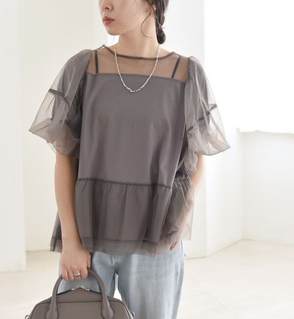 quaranciel「quaranciel:〈手洗い可能〉チュール パフスリーブ ドッキング プルオーバー」|Tシャツ・カットソー|