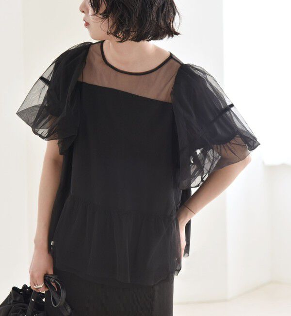 quaranciel「quaranciel:〈手洗い可能〉チュール パフスリーブ ドッキング プルオーバー」|Tシャツ・カットソー|