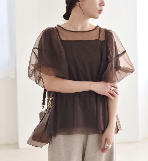 quaranciel「quaranciel:〈手洗い可能〉チュール パフスリーブ ドッキング プルオーバー」|Tシャツ・カットソー|ブラウン