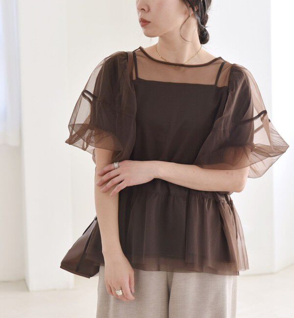 quaranciel「quaranciel:〈手洗い可能〉チュール パフスリーブ ドッキング プルオーバー」|Tシャツ・カットソー|