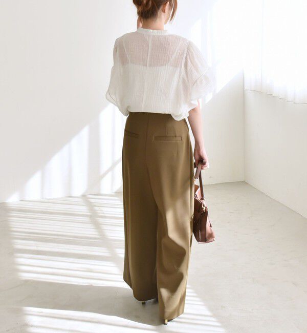 quaranciel「quaranciel:〈洗濯機可能〉スタンドカラー シアー フリル ハーフスリーブ ブラウス」|シャツ・ブラウス|