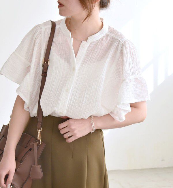 quaranciel「quaranciel:〈洗濯機可能〉スタンドカラー シアー フリル ハーフスリーブ ブラウス」|シャツ・ブラウス|