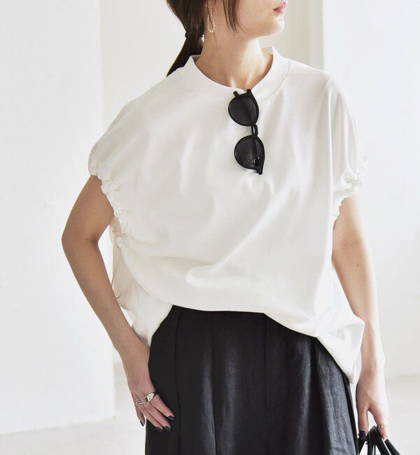 quaranciel「quaranciel:〈接触冷感/汗染み防止加工/洗濯機可能〉ドロスト ギャザー チュニック TEE」|Tシャツ・カットソー|