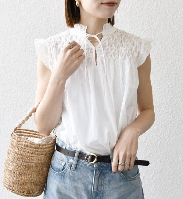 SHIPS any「SHIPS any:〈洗濯機可能〉ハンドスモッキング コットン フリル スタンドカラー ブラウス」|シャツ・ブラウス|