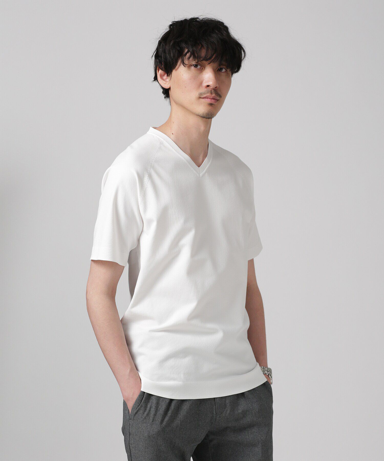 nano･universe「LB.03/SOLOTEXマルチファンクションVネックニット/半袖」|ニット・セーター|