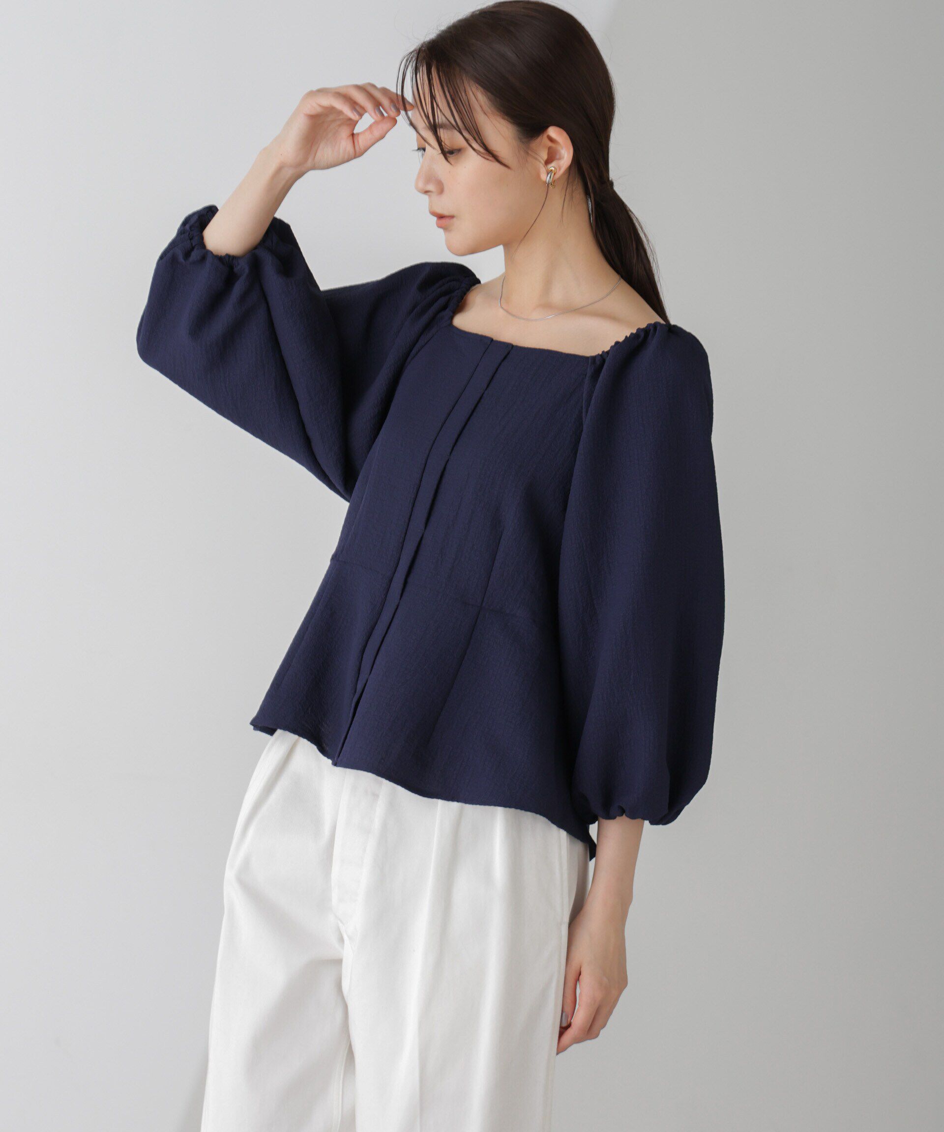 nano･universe「スクエアネックシアーサッカーブラウス」|シャツ・ブラウス|