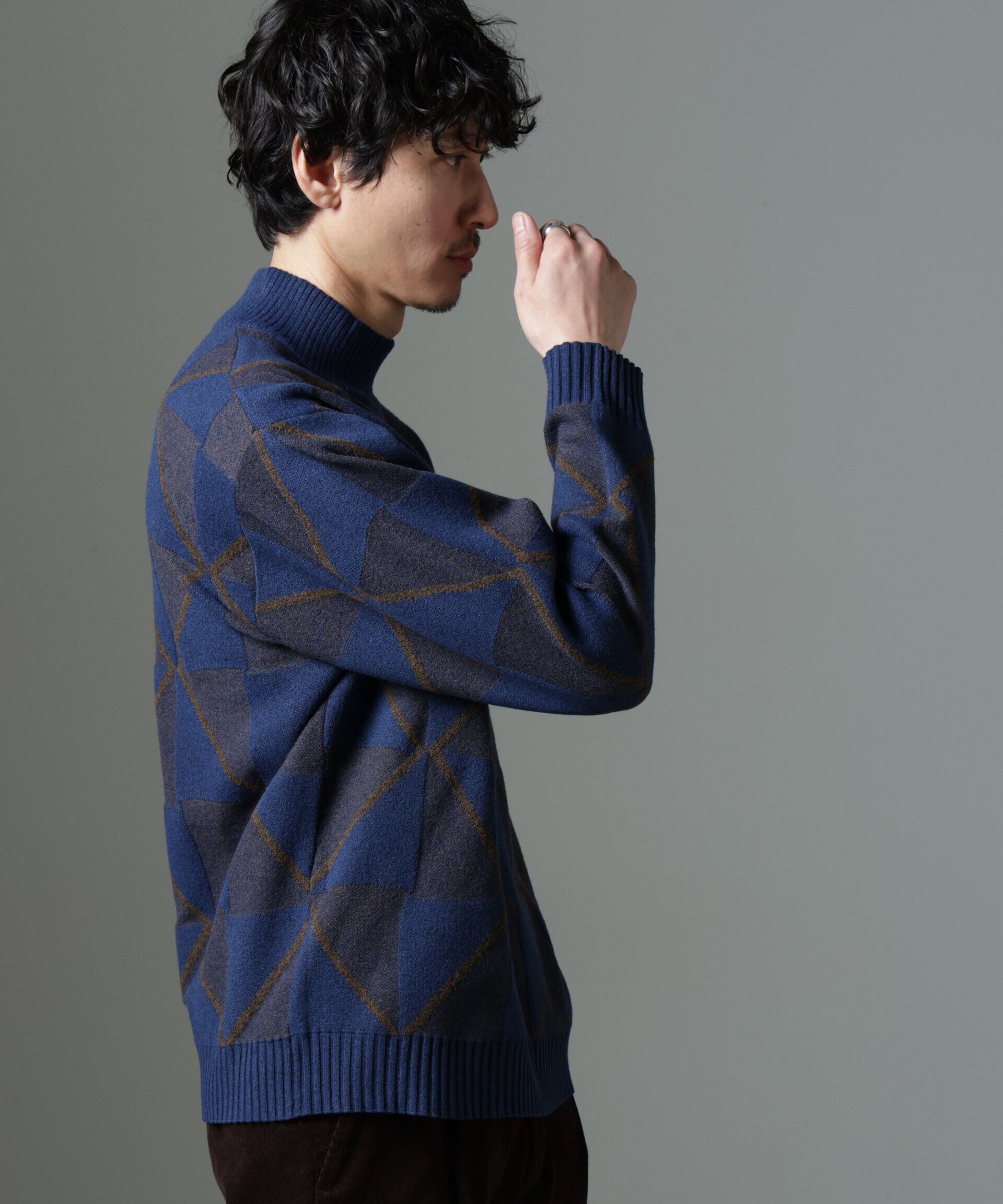 nano･universe「WEB限定/ダイヤ柄ハイネックニット」|ニット・セーター|ネイビー