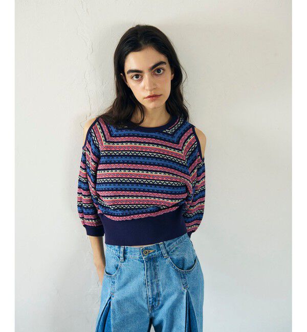 GRACE CONTINENTAL「ボーダーパフニットトップ」|ニット・セーター|ネイビー