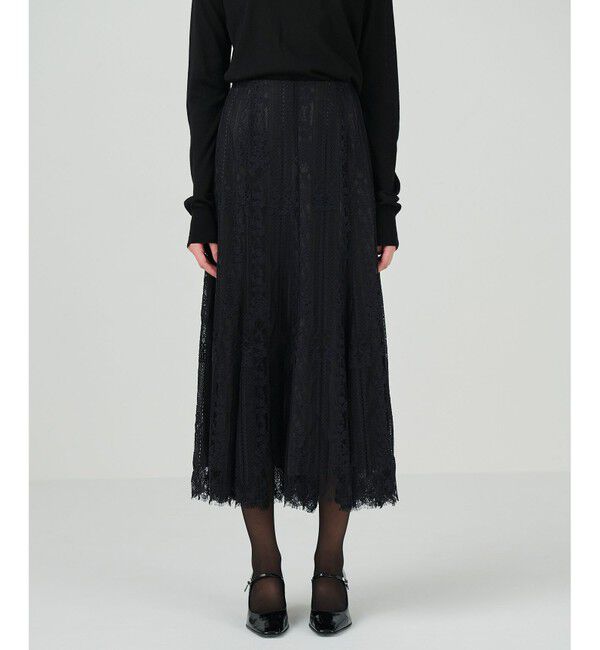 GRACE CONTINENTAL「ストライプレースフレアスカート」|スカート|ブラック