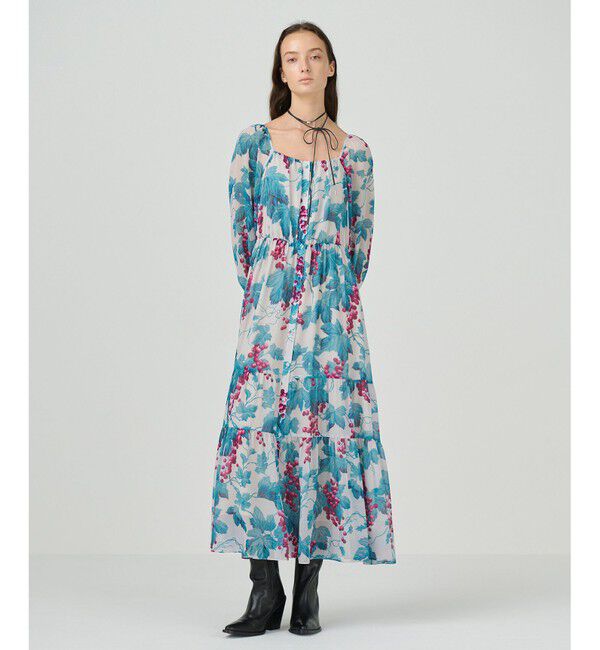 GRACE CONTINENTAL「グレーププリントティアードワンピース」|ワンピース|ベージュ