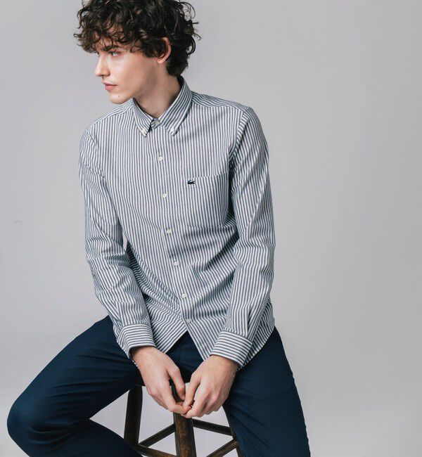 LACOSTE「クールマックスブレンド鹿の子地ストライプシャツ」|シャツ・ブラウス|ネイビー
