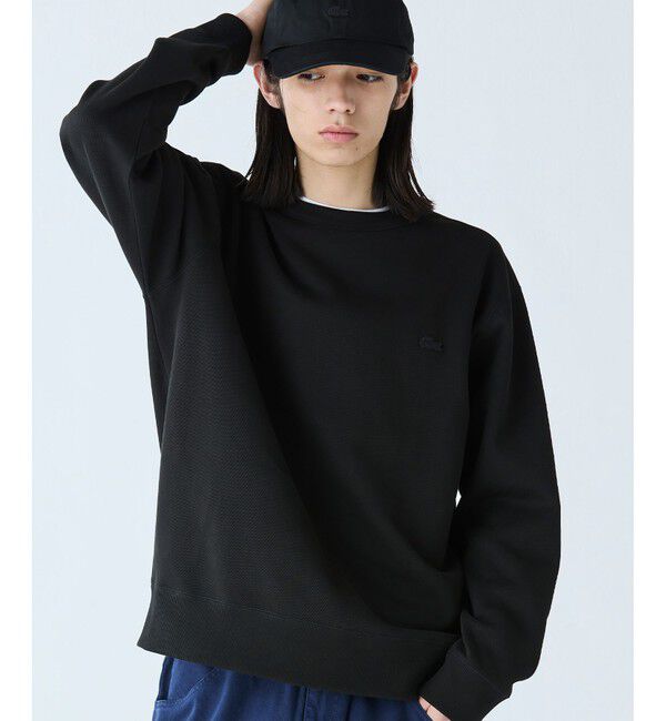 LACOSTE「ワントーンクルーネック 鹿の子ニット / 鹿の子スウェット トレーナー」|スウェット・ジャージ|ブラック