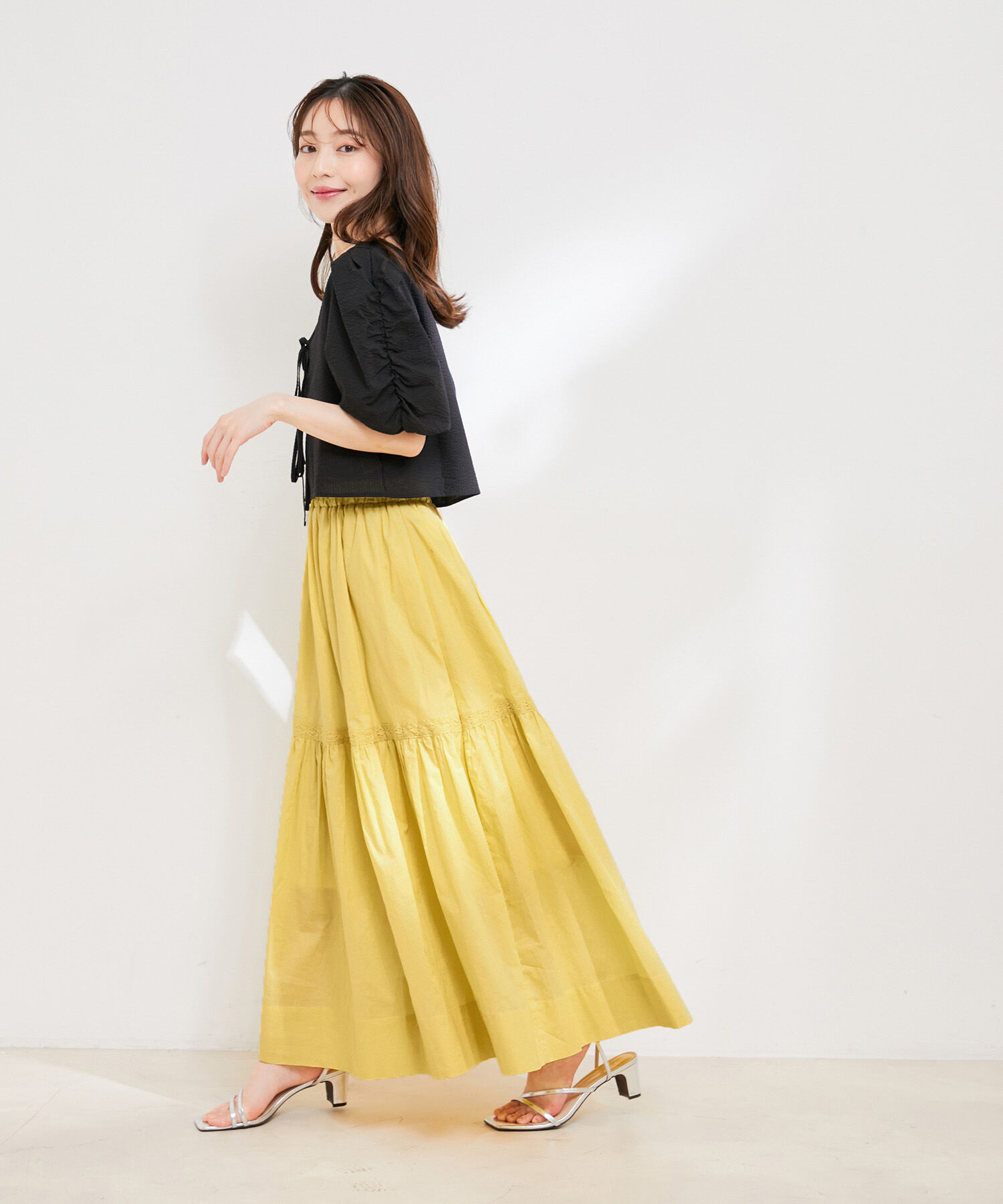 VIS「【洗える】コットンレース切替ギャザースカート」|スカート|