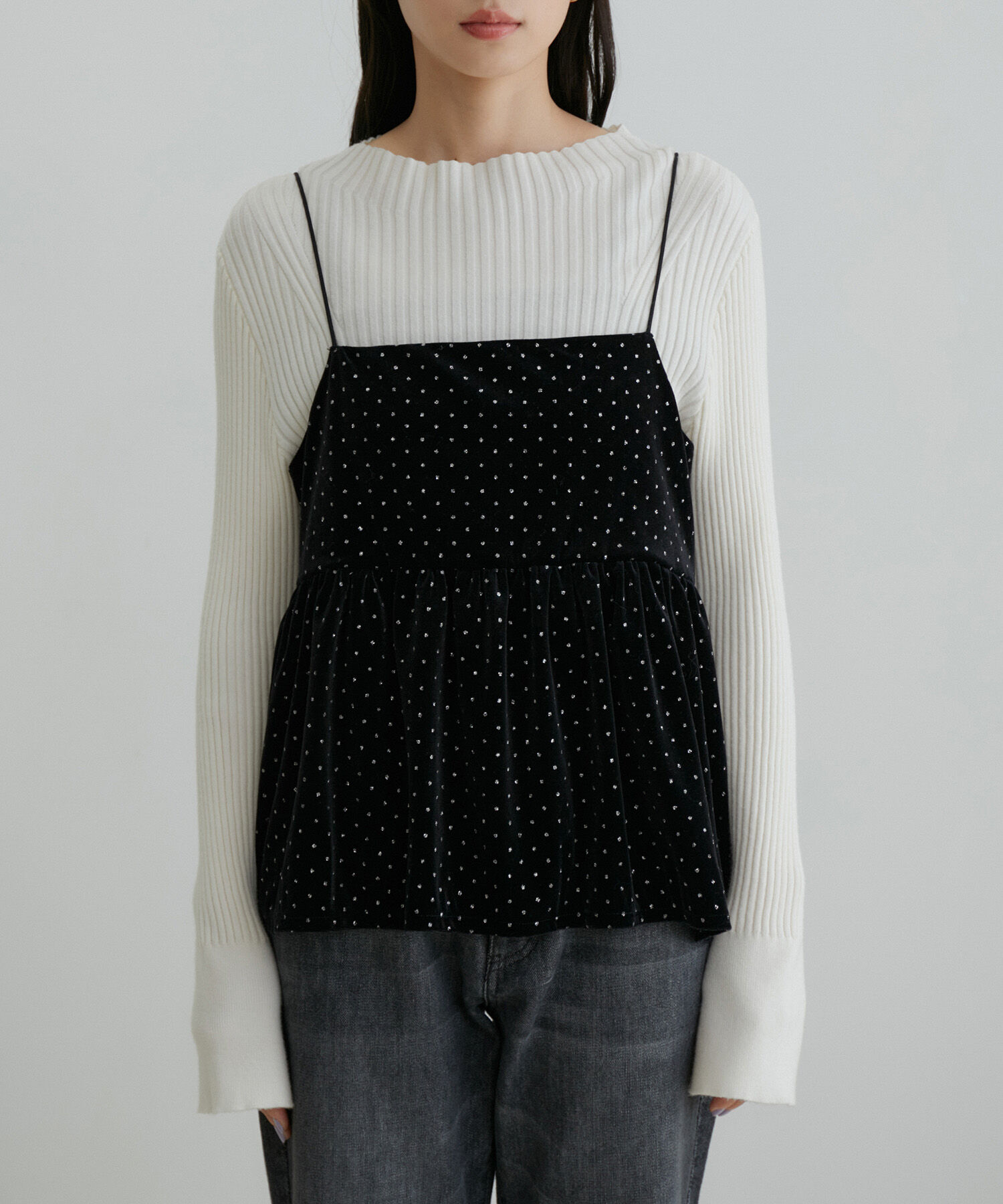 VIS「【選べる着丈】ラメドットベロアキャミトップス【洗える】」|キャミソール|