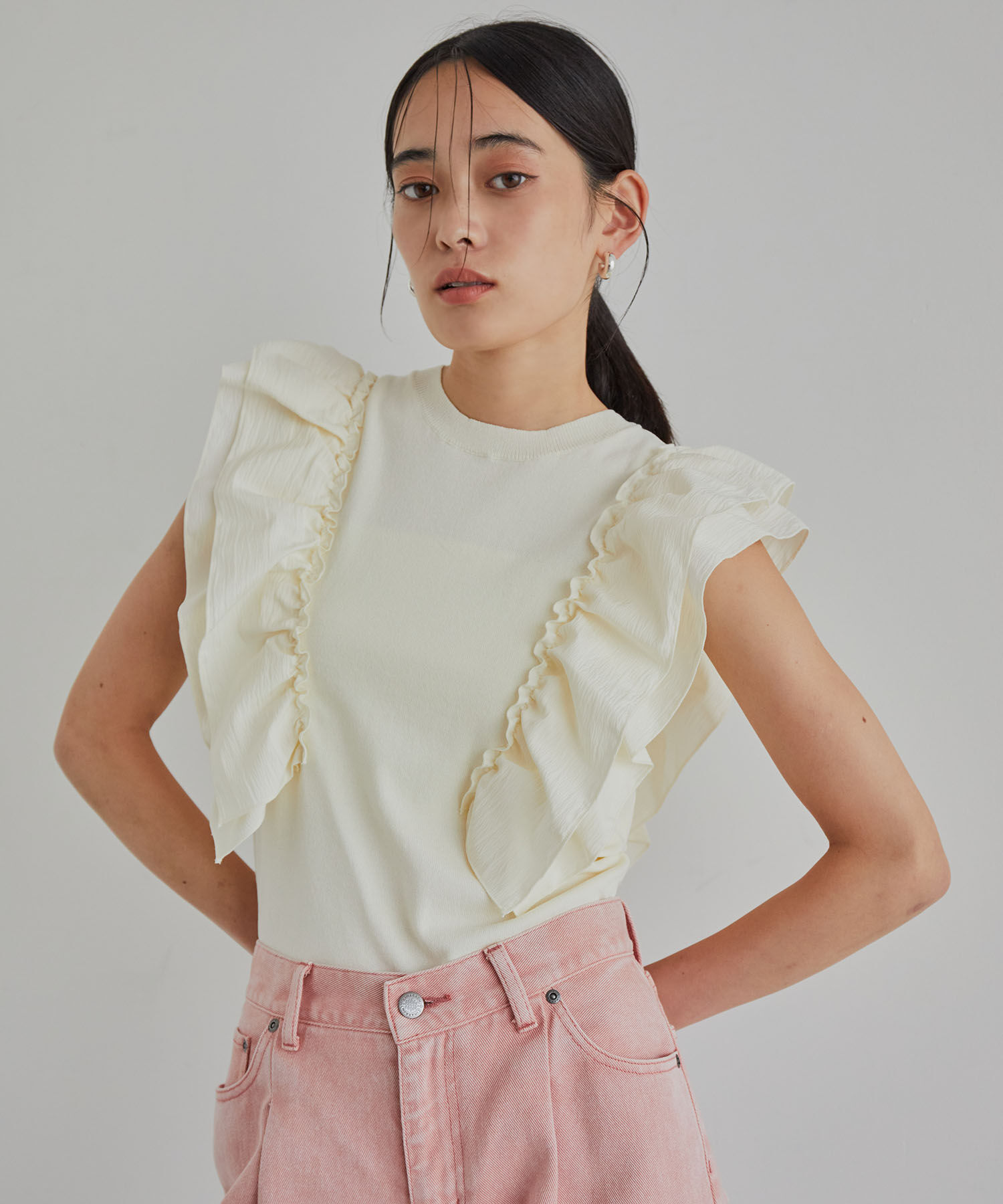 VIS「【洗える】異素材ドッキングフリルニットプルオーバー」|Tシャツ・カットソー|キナリ系(17)