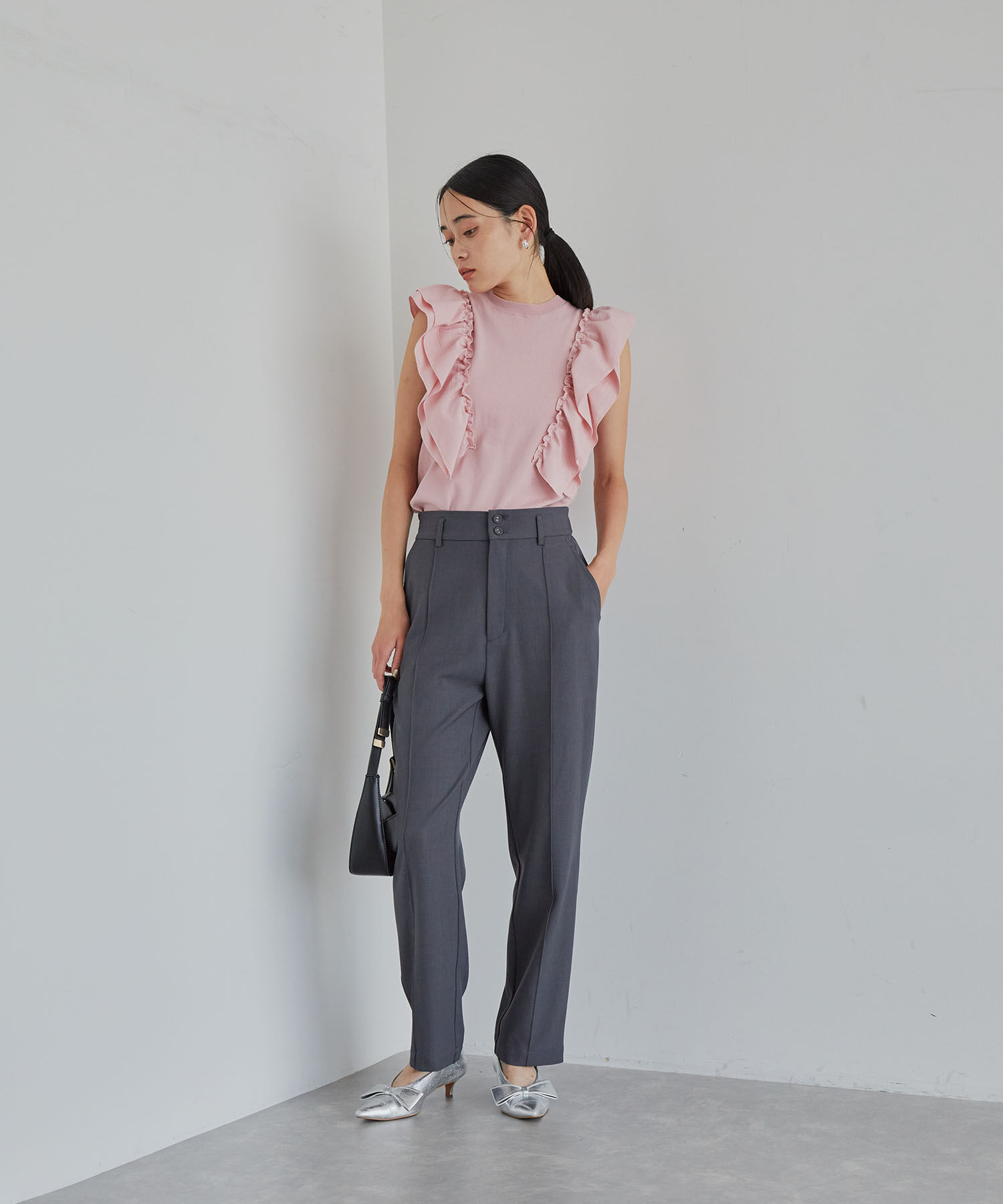 VIS「【洗える】異素材ドッキングフリルニットプルオーバー」|Tシャツ・カットソー|