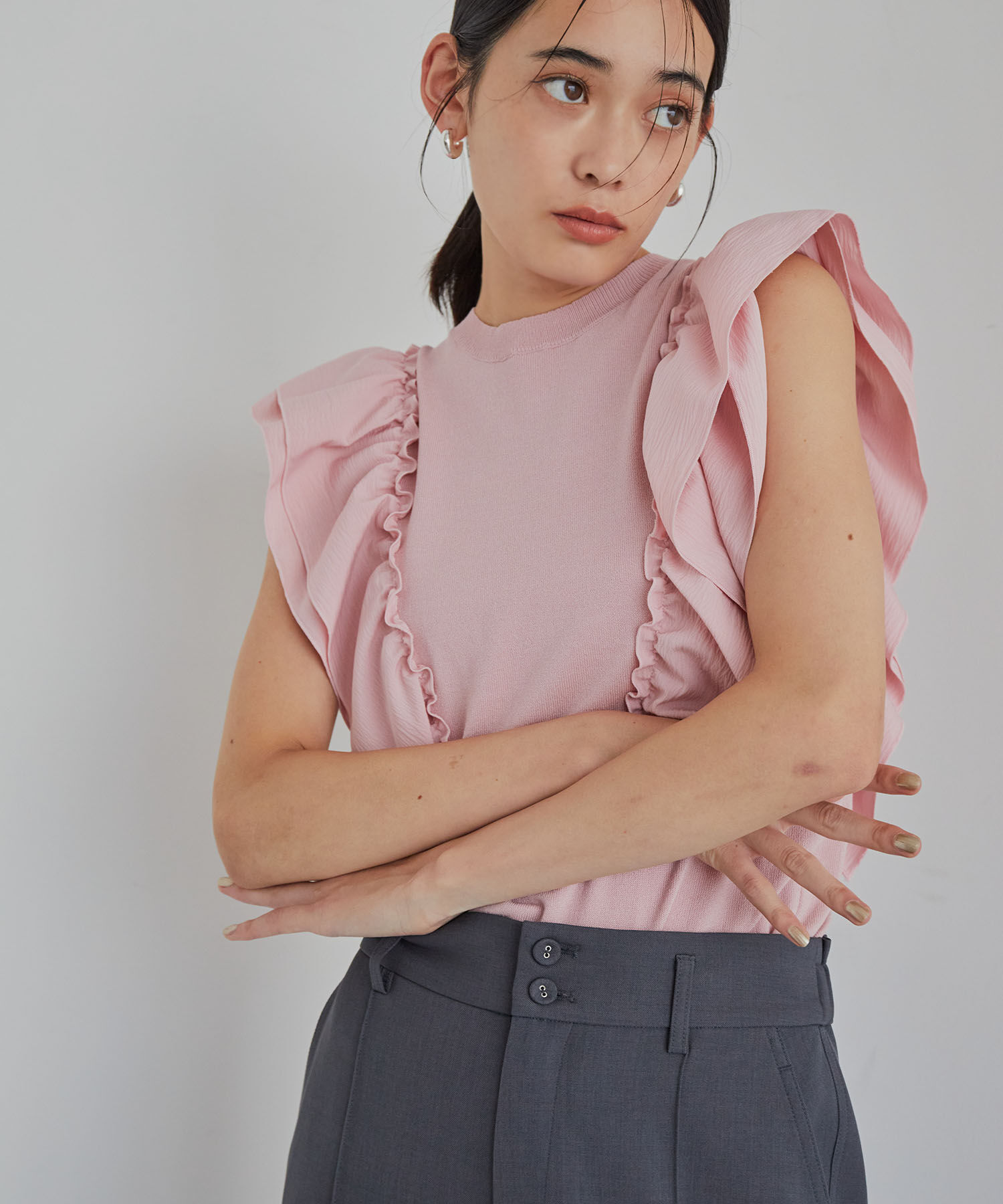 VIS「【洗える】異素材ドッキングフリルニットプルオーバー」|Tシャツ・カットソー|ピンク系(65)