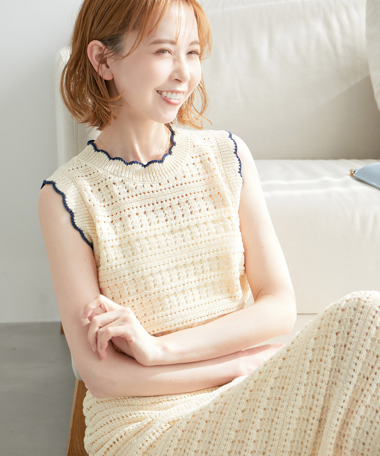 Rope&rsquo;Picnic「セットアップ対応/透かし編みテープヤーンクロップドニットプルオーバー」|ニット・セーター|